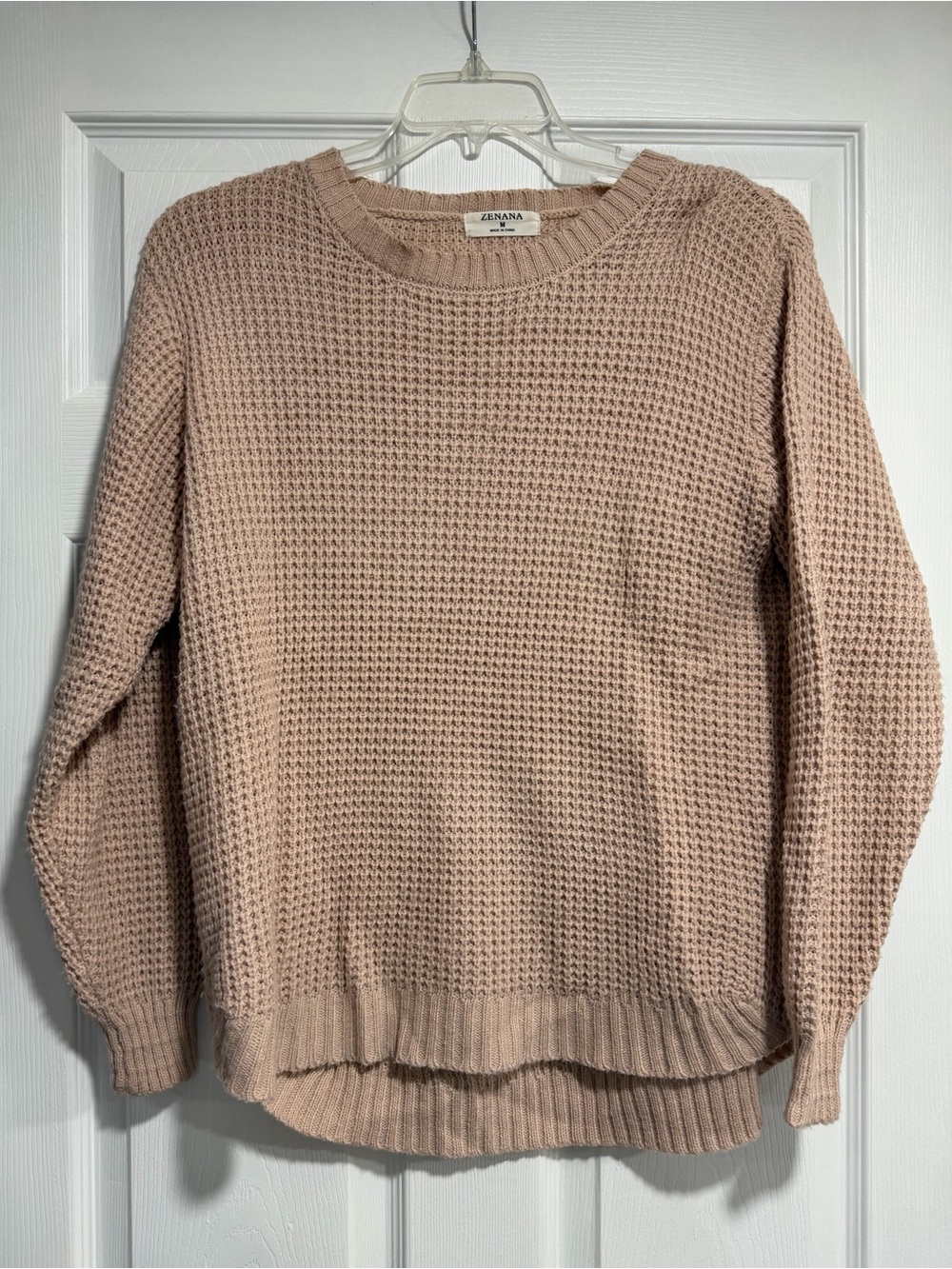 Zenana Outfitters Waffle Knit Crew Sweater in Mauve Pink